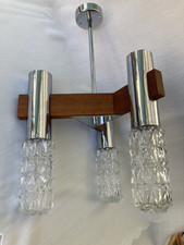 Mid century modern teak and glass three arm pendant light