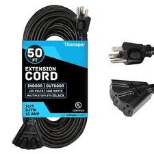 3 Outlet Extension Cord 50 ft, 16/3 SJTW Black Outdoor Extension Cord with Mu...
