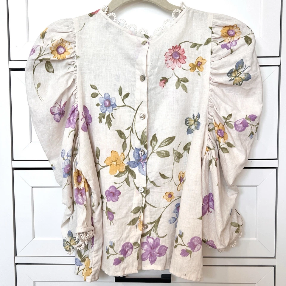 Top Laura Ashley Mujer Pequeño Cottagecore Blanco Floral Lino Encaje Manga Abullonada Foto 3 de 4