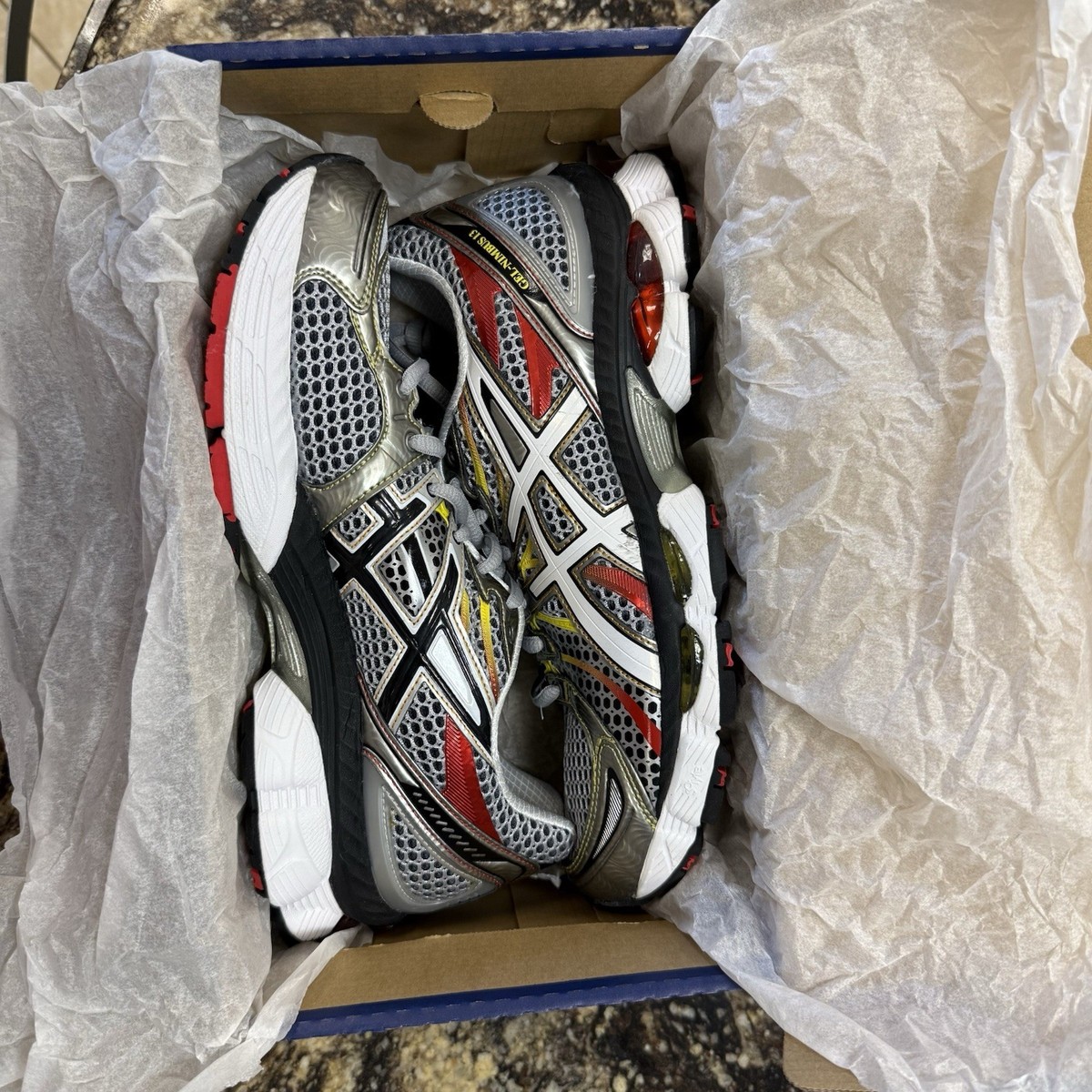 Asics Mens Gel Nimbus 13 Size 8 T142N-9301 Lightning/White/Fire | eBay