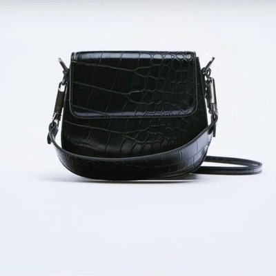Zara Black Animal Embossed Adjustable Crossbody Bag with Flap Magnetic Snap
