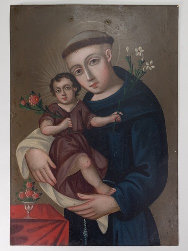 C.1900 Mexican Retablo, "San Antonio de Padua", Oil Painting on Tin - 14" x 10"