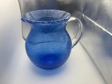 Hand Blown Cobalt Blue Bubble Glass Pitcher Clear Handle 7.5” Art Glass