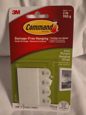 Command Strips Small Picture Hanging Strips Holds 2 Lbs - 3 Pairs Total