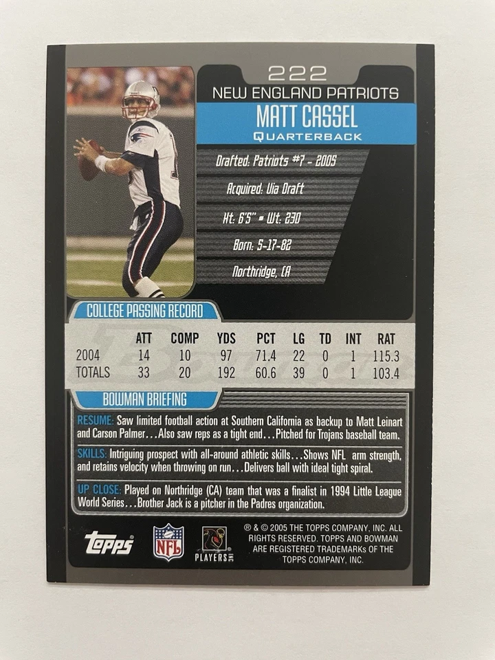 2005 Bowman Matt Cassel Rookie Card. New England Patriots - Image 2 of 2