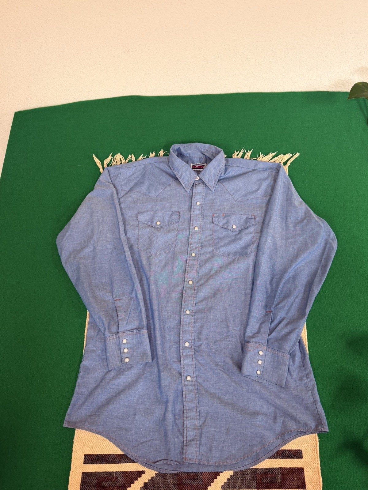 Vintage Big Mac Shirt Mens L/XL Blue Chambray Western Pearl Snap 80s 90s USA
