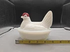Vintage White Milk Glass Hen Rooster On Nest Large Basket Candy Dish 7.25"