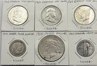 6-Silver Coins-1 Peace Silver Dollar, 3 Silver Half Dollars, 2 Silver Quarters