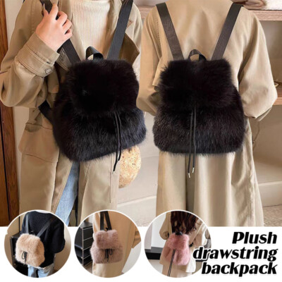 Womens Plush Backpack Faux Fur Drawstring Flip Backpack 