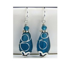 Teal Blue Sea Glass Earrings, Wire Wrap Sea Foam Earrings, Tear Drop, Handmade