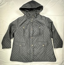 Catherines Women's Sz 4x Black Quilted Hooded Jacket Full Zip Snap Coat Plus