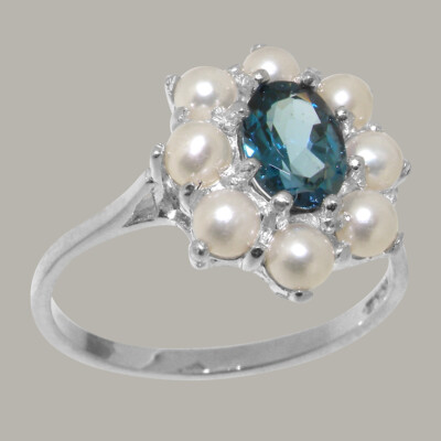 925 Sterling Silver Natural London Blue Topaz & Full Pearl Womens ...