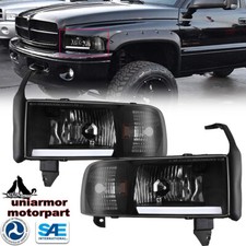 For 94-02 Dodge Ram 1500 2500 3500 Headlights Led Drl Bar Front Lamps Black Set