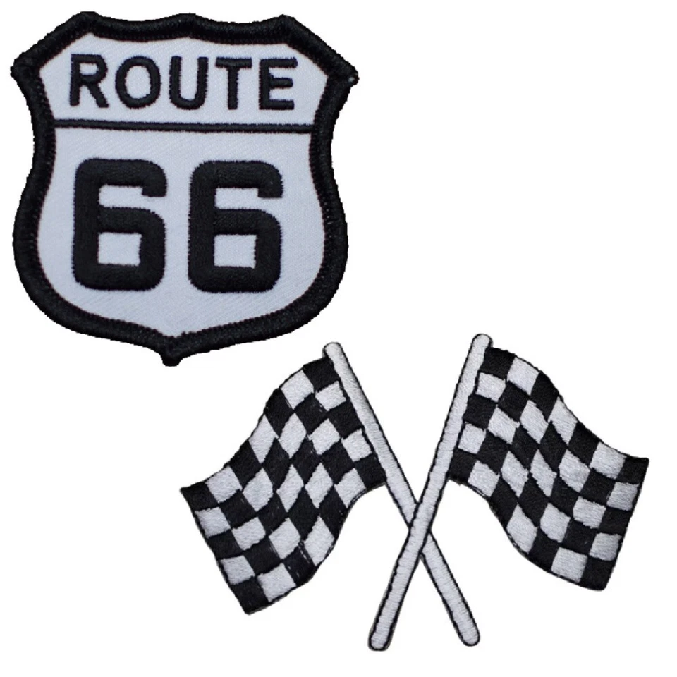 2-Pack Route 66 & Checkered Flags Patch Set - Embroidered Racing Badges Iron On - Image 2 of 2
