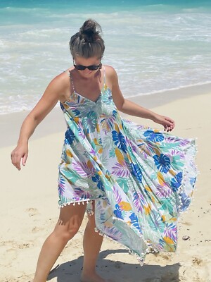 Goa Beachwear Womens Dress By Japna Swimsuit Cover Green Floral Sleeveless  Med