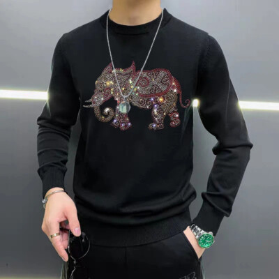 New Men Luxury Diamond Elephant Rhinestones Fashion Knitted Black White Sweater