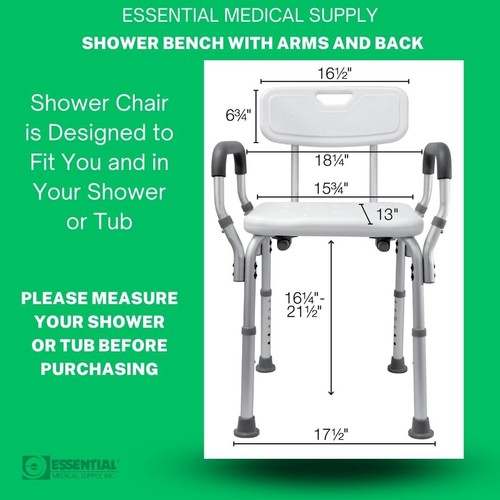 Height Adjustable Shower and Bath Bench with Padded Arms, Contoured Back - Picture 5 of 6