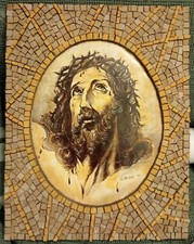 CRISTO INCORONATO dipinto a Mano Olio QUADRO MOSAICO tessere MARMO 