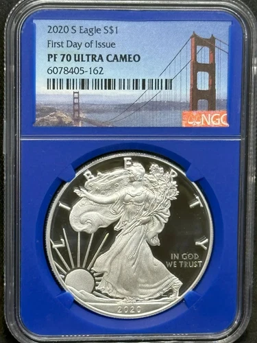 2020 S 1oz AMERICAN SILVER EAGLE PF70 ULTRA CAMEO FDOI golden gate bridge