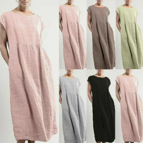 Camicia abito bohémien donna casual estate cotone lino tasca abito MIDI sciolto - Foto 3 di 20
