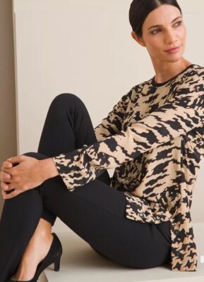 Black Label By Chico's Black Khaki Printed Chiffon Side Snap Size M Blouse, NWT