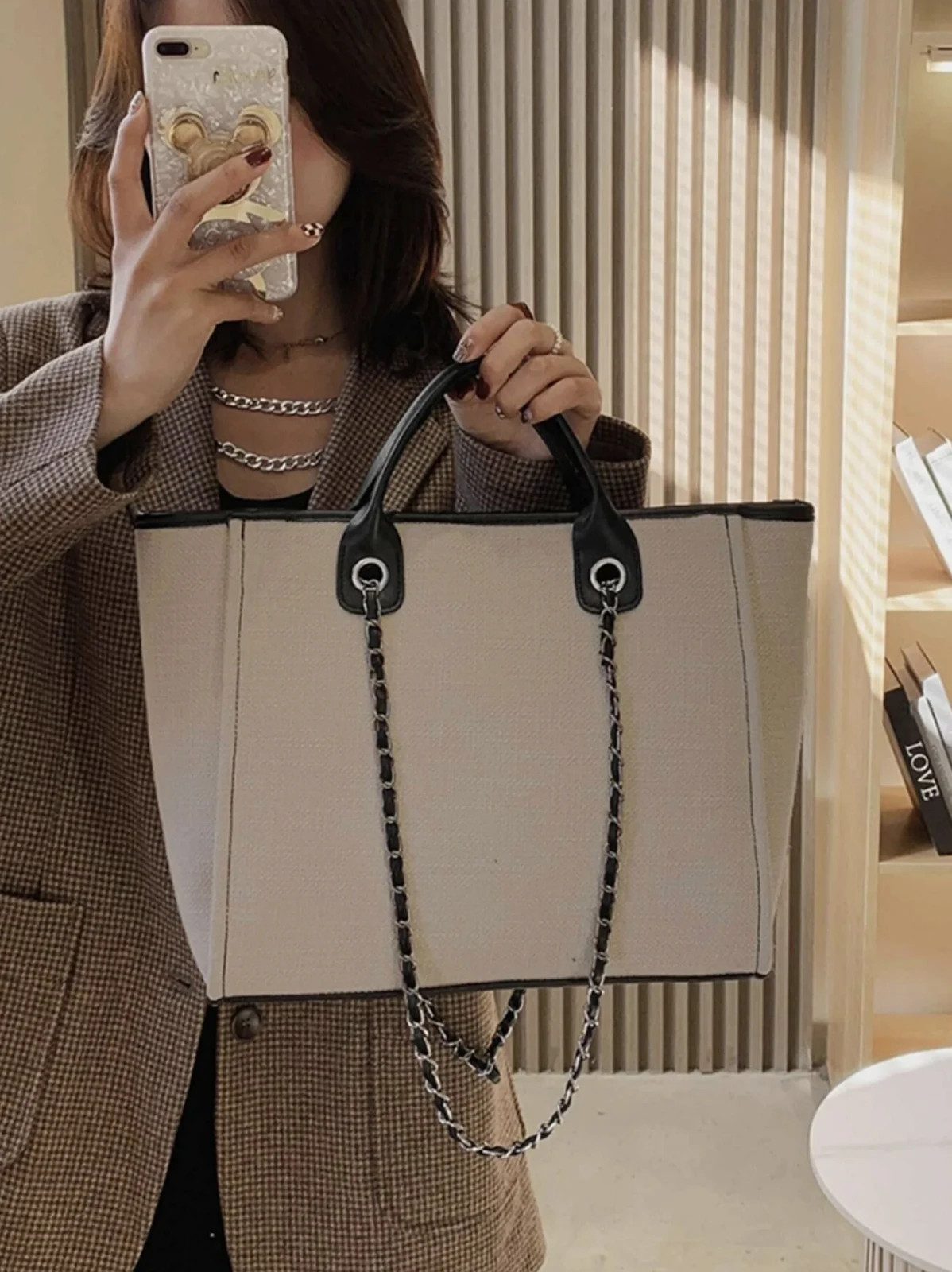 Women's Large Canvas Tote Bag with Shoulder Strap for Laptop