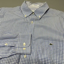 Lacoste Mens 42 Blue White Gingham Modern Fit LS Button Down Shirt Pocket