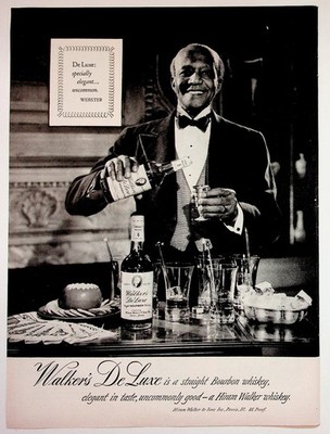 Walker's De Luxe Vintage Magazine Ad 1950s Black Man Bartender Whiskey B&W Full
