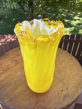6  hand blown yellow white ribbon ruffled top vase Art Glass Summer Flower Decor