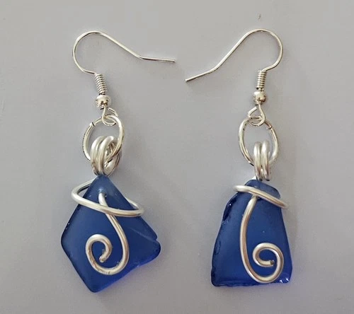 Handmade Authentic Lake Erie COBALT BLUE Beach/Sea Glass EARRINGS