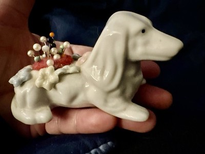 Vintage Unique Dachshund Ceramic Novelty Pin Cushion with Floral
