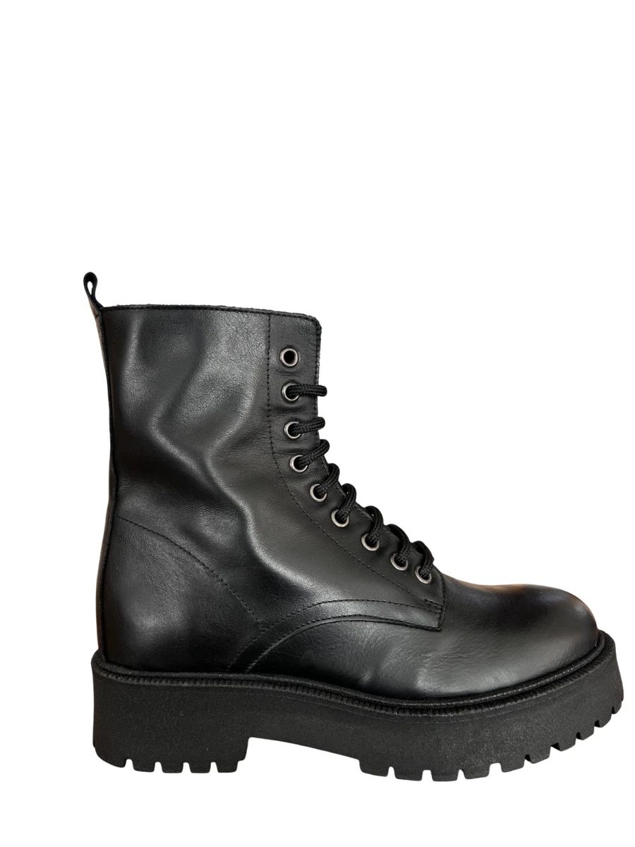 Stivali Alti da Donna di Pelle Tacco Basso Stringati Lungo Stivale Retro Biker Anfibi Militare Stivali Autunno e Inverno,Nero,37 EU