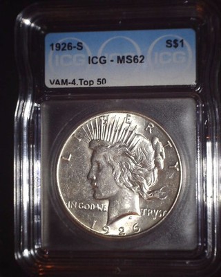 1926-S Peace Silver Dollar, ICG MS 62. VAM 4 TOP 50, and Issue