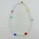Vintage White Milk Glass Beaded Necklace Blue, Red, yellow & Green accents 26"L