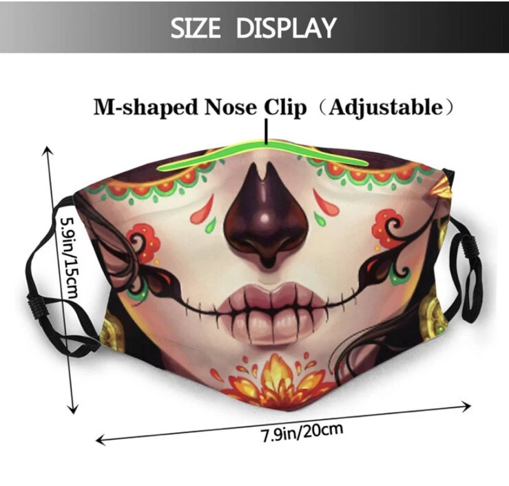 2Pcs Cloth Face Mask, Sugar Skull Masks Washable - Image 3 of 4