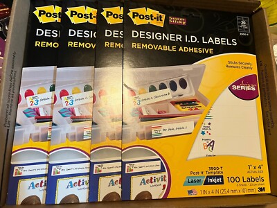 LOT OF 4 x Post-it 3900-T DESIGNER I.D. LABELS REMOVABLE ADHESIVE SIZE 1'' X 4''