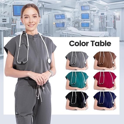 Scrubs for Women Scrub Sets,Slim Scrubs Stretch Top&Jogger Scrub Pants Dark Grey - Picture 6 of 15