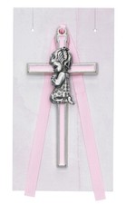 Baby Girl Metal Cross Crib Medal Baptism Gifts 3.5 In With Pink Ribbon And Card