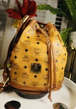 Mcm Cognac Nappa Leather  Monog Drawstring Bucket Bag Comes W/ Mcm Lock & 2keys
