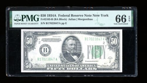DBR 1934-A $50 FRN New York Gem Fr. 2103-B PMG 66 EPQ Serial B17023847A - Afbeelding 1 van 2