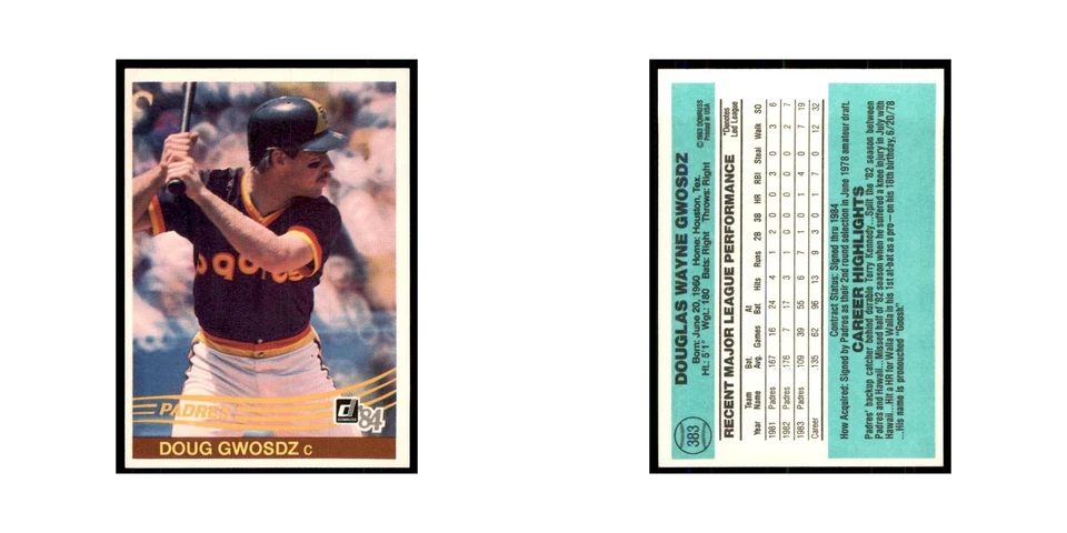 Doug Gwosdz 1984 Donruss #383 San Diego Padres Baseball Card NM - Image 3 of 3