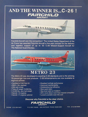 1/1991 PUB FAIRCHILD C-26 AIR FORCE METRO 23 NORTHWEST AIRLINK ORIGINAL ANZEIGE