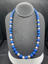 Natural Lapis Lazuli  Akoya Cultured Pearl 14k Gold Clasp Beaded Necklace