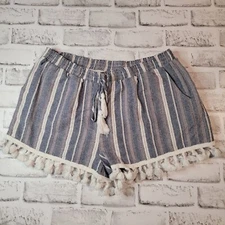 Ethereal by Paper Crane Linen Tassel Drawstring Shorts Blue Strip Size Large