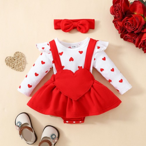 Neugeborenes Baby Valentinstag Outfit Herzdruck gerippt Strampler Kleid Kopfbedeckung Set - Bild 6 von 26