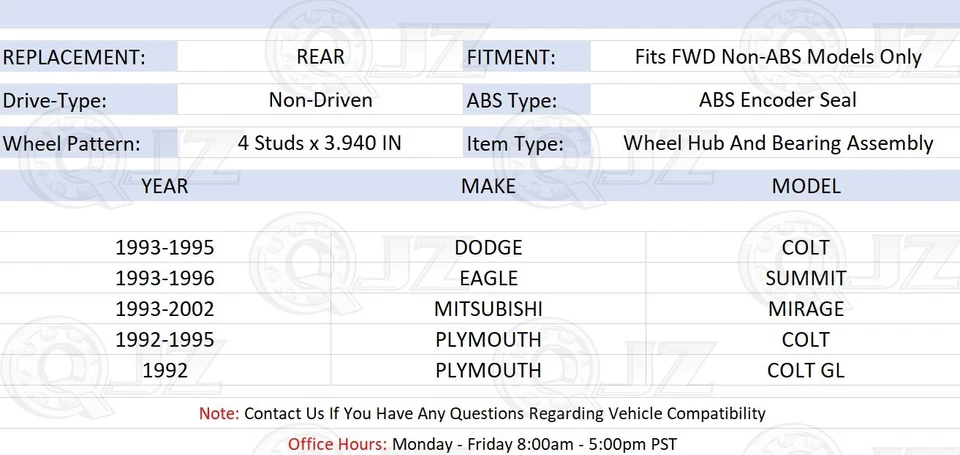 [TRASERO (cantidad 2)] 512148 nuevo conjunto de buje de rueda para Dodge Colt 1993-1995 tracción delantera sin ABS Foto 2 de 4