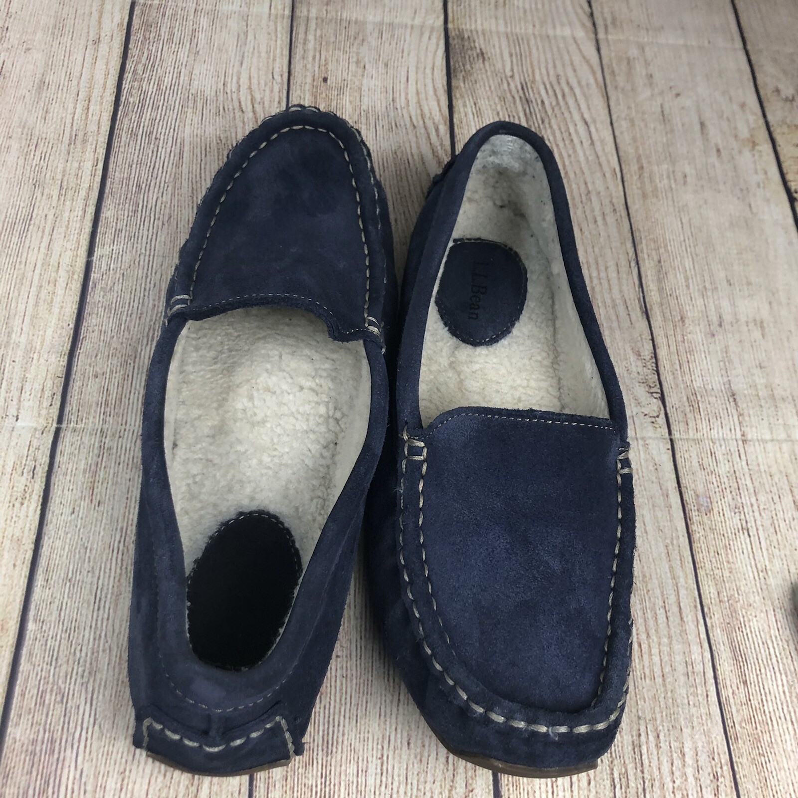 LL BEAN Women Navy Blue Shearling Suede Moccasins Slippers Size 9 | eBay