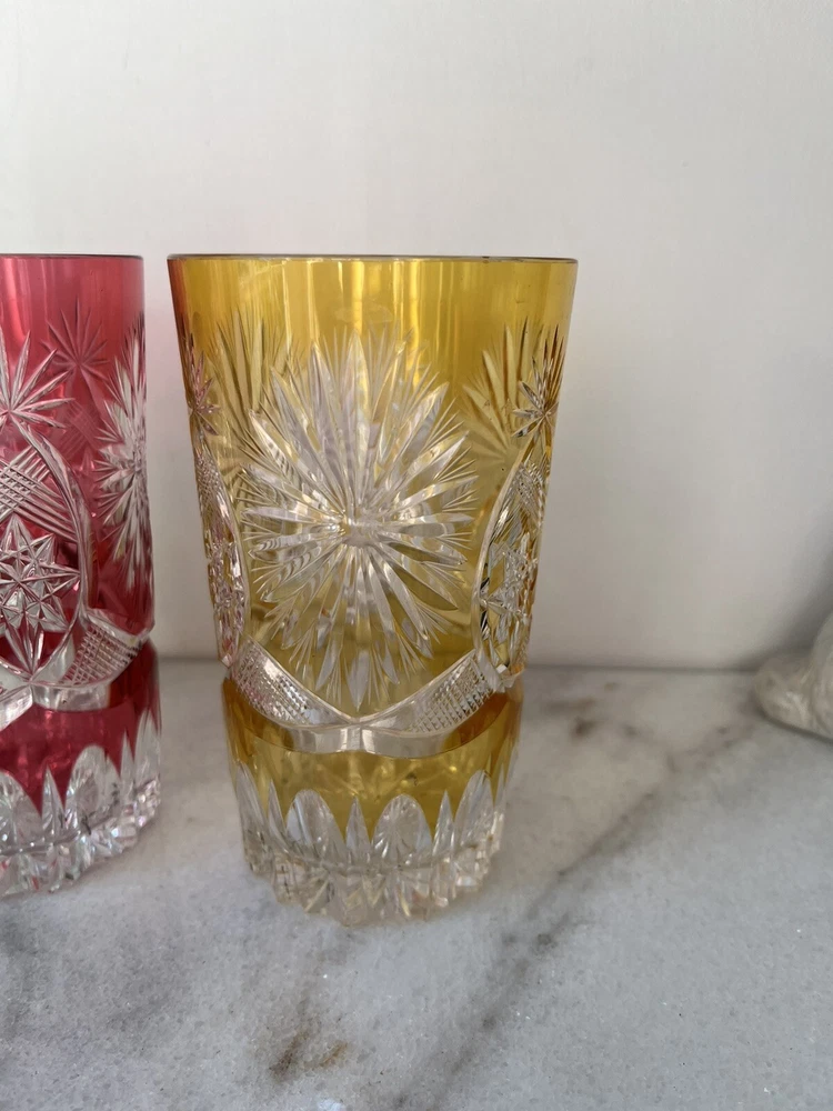 Tumbler glass Blue Red Yellow Green Hand Cut Glasses Set Of 4