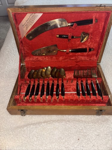 Vintage MCM Brass & Wood Thailand Dessert Silverware Set W/Wood Box Tarnish Free - Picture 14 of 15