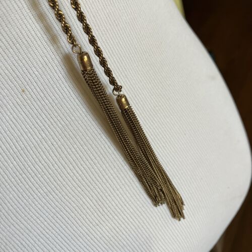 Vintage Gold TONE Double Chain Link Necklace And Tassel Pendant Bolo Stone - Picture 3 of 6